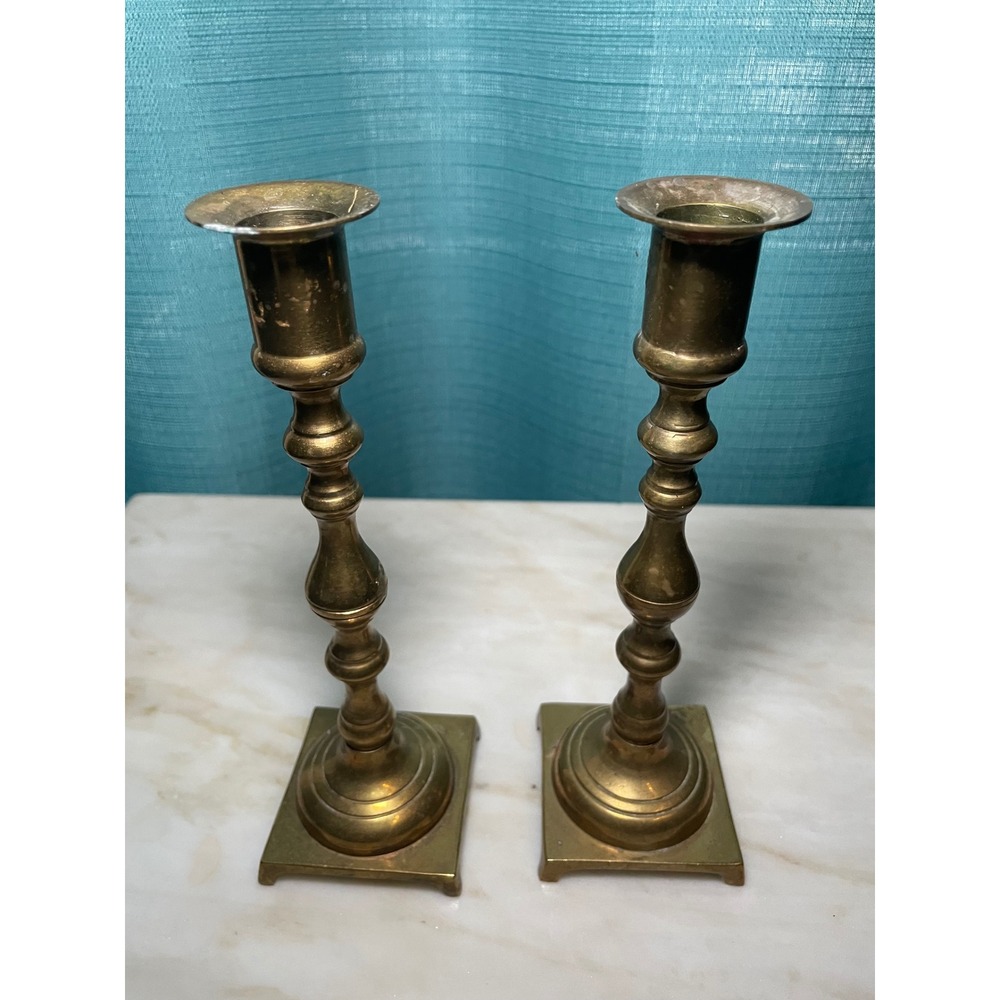Vintage Solid Brass Candlestick Holders Pair Square Footed Base Taper 8 Inch